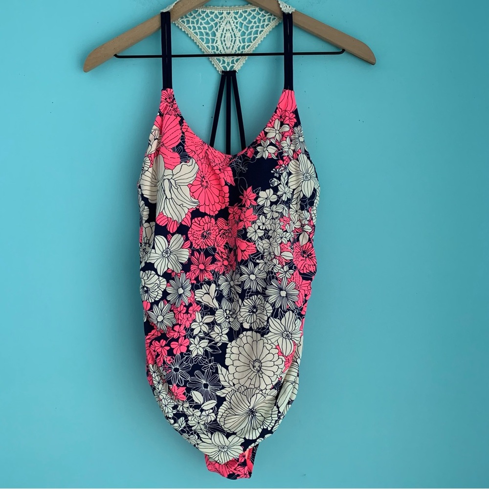 Cole Of California Pink Floral Strappy Crochet Ruching One Piece Swimsuit 10